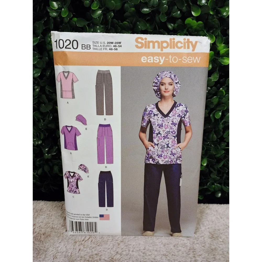 Simplicity 1020 BB Sewing Pattern Medical Scrubs Top‎ Pants Hat Size 20W-28W
